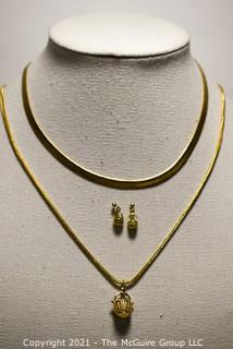 Group of Gold Filled Jewelry.  Includes Flat Herringbone Chain Necklace, Long Chain with Basket Pendant and Matching Pierced Earrings.