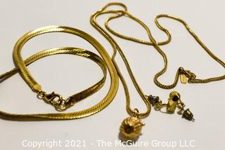 Group of Gold Filled Jewelry.  Includes Flat Herringbone Chain Necklace, Long Chain with Basket Pendant and Matching Pierced Earrings.