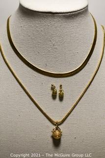 Group of Gold Filled Jewelry.  Includes Flat Herringbone Chain Necklace, Long Chain with Basket Pendant and Matching Pierced Earrings.