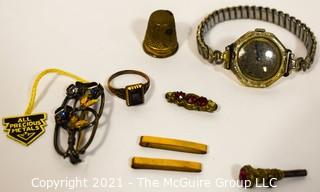 Mixed Group of Vintage Jewelry, Watch and Thimble