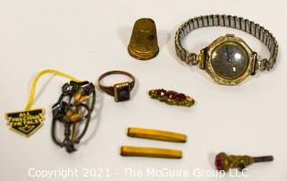 Mixed Group of Vintage Jewelry, Watch and Thimble