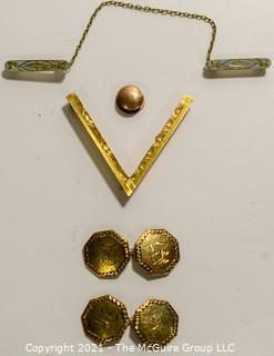 Group of Gold Jewelry.  Includes Cuff Links, Enamel Painted Sweater Clip, V Brooch and Shirt Stud; 14.8g. 