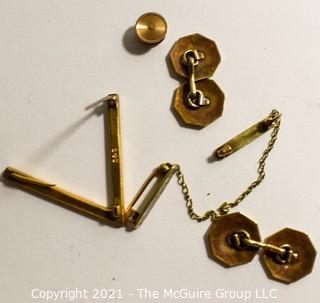 Group of Gold Jewelry.  Includes Cuff Links, Enamel Painted Sweater Clip, V Brooch and Shirt Stud; 14.8g. 