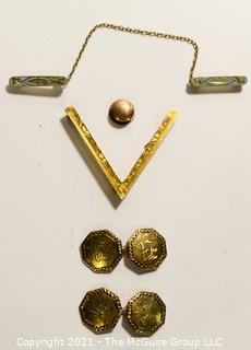 Group of Gold Jewelry.  Includes Cuff Links, Enamel Painted Sweater Clip, V Brooch and Shirt Stud; 14.8g. 