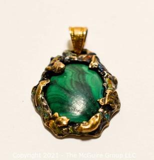 Hand Crafted Gold Filled with Malachite Stone Pendant.  Mark on Back But Illegible. 