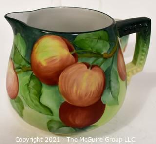 Hand Painted Green with Apple Decoration Porcelain Ball Pitcher with Three Matching Cups. 