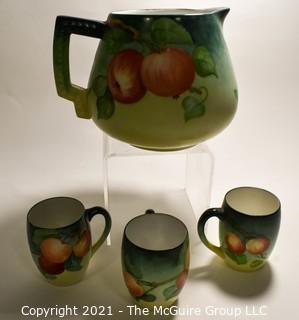 Hand Painted Green with Apple Decoration Porcelain Ball Pitcher with Three Matching Cups. 