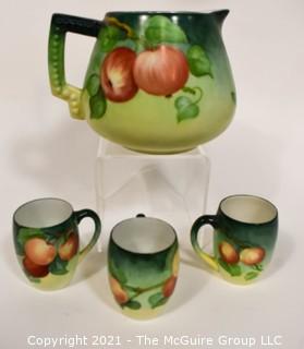 Hand Painted Green with Apple Decoration Porcelain Ball Pitcher with Three Matching Cups. 