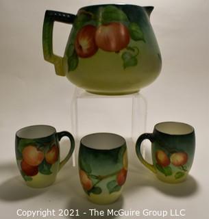 Hand Painted Green with Apple Decoration Porcelain Ball Pitcher with Three Matching Cups. 