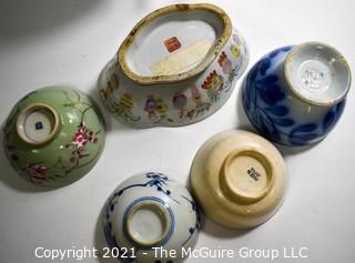 Collection of Hand Painted Asian Porcelain China Items Including Tea Cups, Tea Pots and Bowls.  Some Marked with Chop Marks.