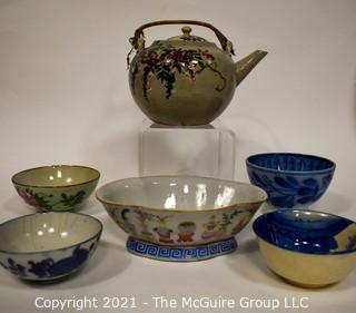 Collection of Hand Painted Asian Porcelain China Items Including Tea Cups, Tea Pots and Bowls.  Some Marked with Chop Marks.