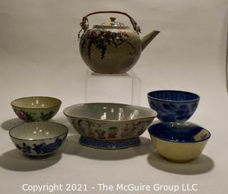 Collection of Hand Painted Asian Porcelain China Items Including Tea Cups, Tea Pots and Bowls.  Some Marked with Chop Marks.