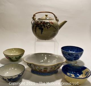 Collection of Hand Painted Asian Porcelain China Items Including Tea Cups, Tea Pots and Bowls.  Some Marked with Chop Marks.