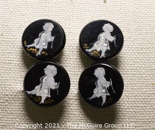 Four (4) Antique Hand Blown Lampwork Glass Buttons with Man walking.  