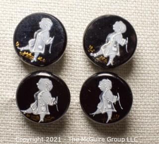 Four (4) Antique Hand Blown Lampwork Glass Buttons with Man walking.  