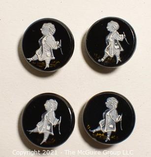 Four (4) Antique Hand Blown Lampwork Glass Buttons with Man walking.  