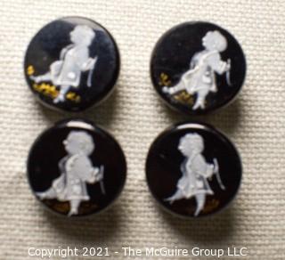 Four (4) Antique Hand Blown Lampwork Glass Buttons with Man walking.  