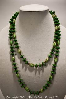 Vintage Murano Hand Made Opera Length Green Art Glass Bead Necklace.  