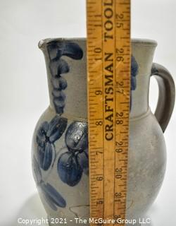 Antique Salt Glazed Stoneware Pottery Crock Pitcher with Hand Painted Cobalt Blue Floral Flower Decoration.  Measures 11" Tall.   (TMG Renumbered)