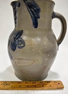 Antique Salt Glazed Stoneware Pottery Crock Pitcher with Hand Painted Cobalt Blue Floral Flower Decoration.  Measures 11" Tall.   (TMG Renumbered)