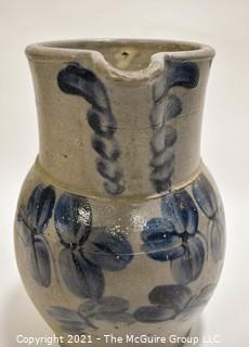 Antique Salt Glazed Stoneware Pottery Crock Pitcher with Hand Painted Cobalt Blue Floral Flower Decoration.  Measures 11" Tall.   (TMG Renumbered)