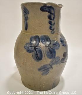 Antique Salt Glazed Stoneware Pottery Crock Pitcher with Hand Painted Cobalt Blue Floral Flower Decoration.  Measures 11" Tall.   (TMG Renumbered)