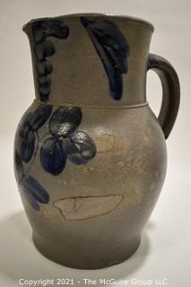 Antique Salt Glazed Stoneware Pottery Crock Pitcher with Hand Painted Cobalt Blue Floral Flower Decoration.  Measures 11" Tall.   (TMG Renumbered)