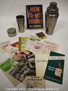 Vintage Mixologist Collection.  Includes a 1936 copy of Bill Edwards "How to Mix Drinks", Cocktail Shaker, Set of ThermoCup Camping or Bar Cups and Advertising Cocktail Recipes Pamphlets. 