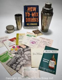 Vintage Mixologist Collection.  Includes a 1936 copy of Bill Edwards "How to Mix Drinks", Cocktail Shaker, Set of ThermoCup Camping or Bar Cups and Advertising Cocktail Recipes Pamphlets. 