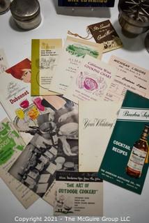 Vintage Mixologist Collection.  Includes a 1936 copy of Bill Edwards "How to Mix Drinks", Cocktail Shaker, Set of ThermoCup Camping or Bar Cups and Advertising Cocktail Recipes Pamphlets. 