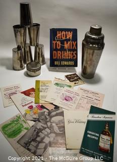 Vintage Mixologist Collection.  Includes a 1936 copy of Bill Edwards "How to Mix Drinks", Cocktail Shaker, Set of ThermoCup Camping or Bar Cups and Advertising Cocktail Recipes Pamphlets. 