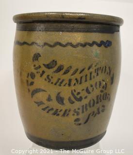 Antique American James (Jas.) Hamilton & Co., Greensboro, PA Salt Glazed Cobalt Decorated Stoneware Canning Crock.  Measures 9" T x 7" D