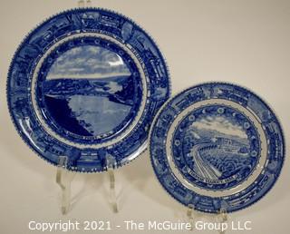 Two (2) Antique Baltimore And Ohio Railroad Lamberton Blue & White Transferware Porcelain China Dinner Plate And Salad Plate. Chip on Edge pf Salad Plate. Measures 9" & 6" in diameter.