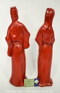 Two (2) Red Pottery Ceramic Chinoiserie Asian Man Woman Figurines or Statues.  Measures 18" Tall