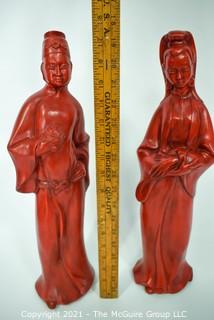 Two (2) Red Pottery Ceramic Chinoiserie Asian Man Woman Figurines or Statues.  Measures 18" Tall