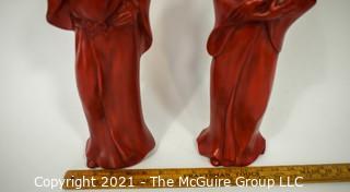 Two (2) Red Pottery Ceramic Chinoiserie Asian Man Woman Figurines or Statues.  Measures 18" Tall