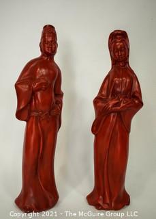 Two (2) Red Pottery Ceramic Chinoiserie Asian Man Woman Figurines or Statues.  Measures 18" Tall