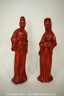 Two (2) Red Pottery Ceramic Chinoiserie Asian Man Woman Figurines or Statues.  Measures 18" Tall