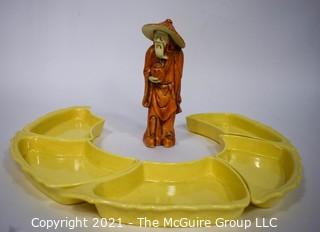 Vintage Mid Century Pottery Serving Trays and Asian Mudman Figurine