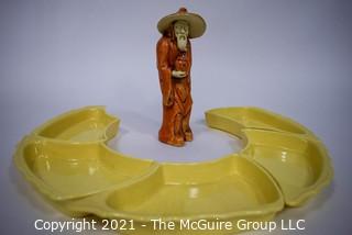 Vintage Mid Century Pottery Serving Trays and Asian Mudman Figurine