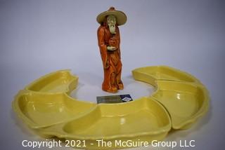 Vintage Mid Century Pottery Serving Trays and Asian Mudman Figurine