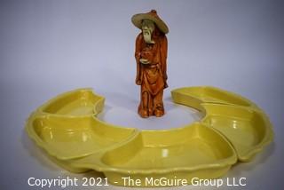 Vintage Mid Century Pottery Serving Trays and Asian Mudman Figurine