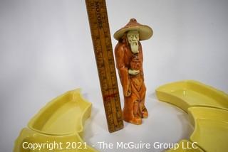 Vintage Mid Century Pottery Serving Trays and Asian Mudman Figurine