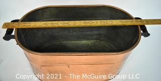 Antique Primitive Hammered Copper Boiler Wash Tub with Wood Handles; 26" x 12" x 13"