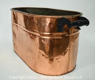 Antique Primitive Hammered Copper Boiler Wash Tub with Wood Handles; 26" x 12" x 13"