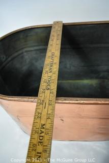 Antique Primitive Hammered Copper Boiler Wash Tub with Wood Handles; 26" x 12" x 13"