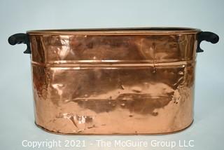 Antique Primitive Hammered Copper Boiler Wash Tub with Wood Handles; 26" x 12" x 13"