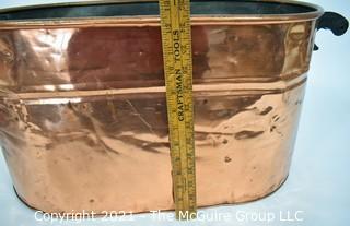 Antique Primitive Hammered Copper Boiler Wash Tub with Wood Handles; 26" x 12" x 13"