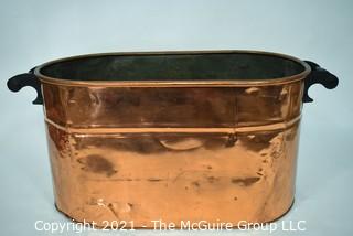 Antique Primitive Hammered Copper Boiler Wash Tub with Wood Handles; 26" x 12" x 13"