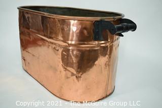 Antique Primitive Hammered Copper Boiler Wash Tub with Wood Handles; 26" x 12" x 13"